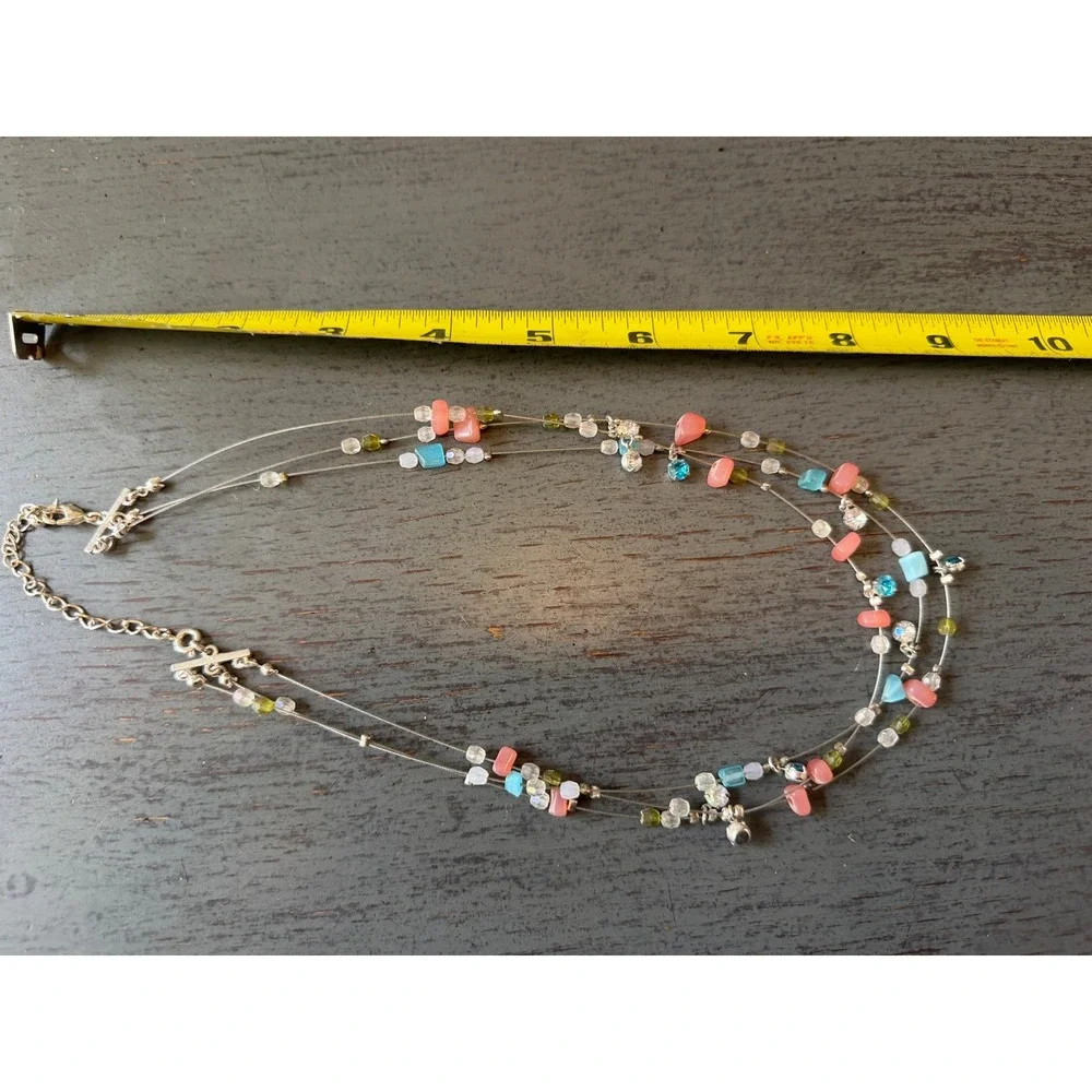 Vintage Multi Strand Illusion Necklace Pastel Beads Rhinestones Silver Tone 19in